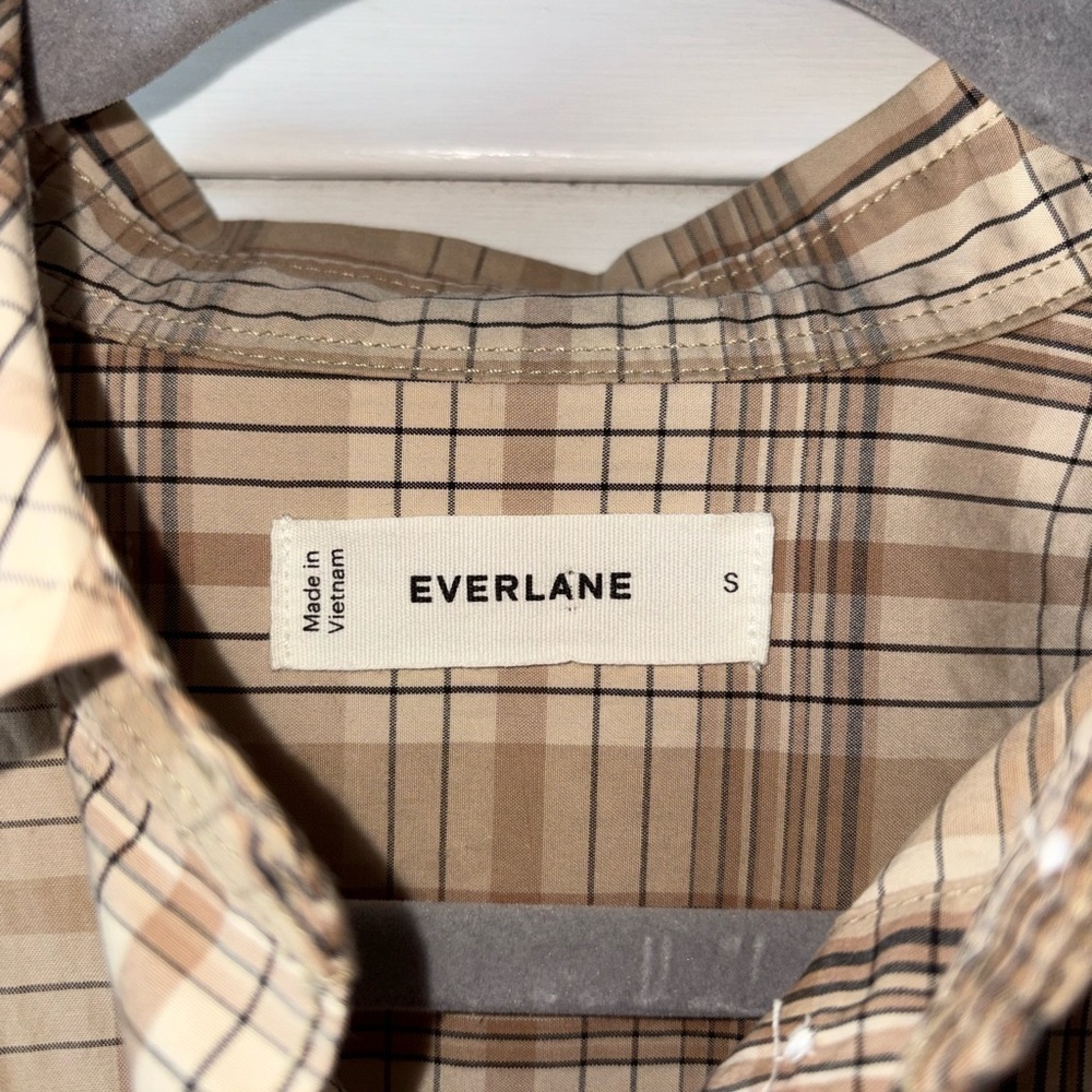 Everlane Supima Cotton Oversized Plaid Button Up Shirt Small Neutral Khaki - Picture 4 of 7